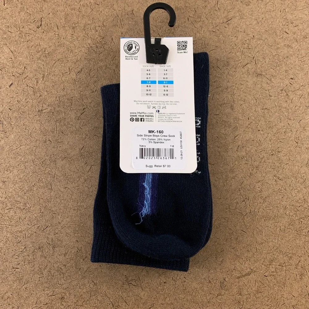 MeMoi Boys Shoe Size 9-1 Navy Side Stripe Cotton Blend Crew Socks 1 Pair NWT